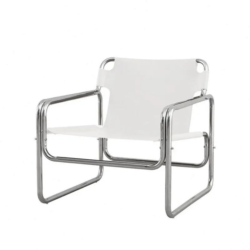 

Medieval single sofa chair designer Bauhaus casual simple stainless steel saddle skin milk tea coffee shop light luxury