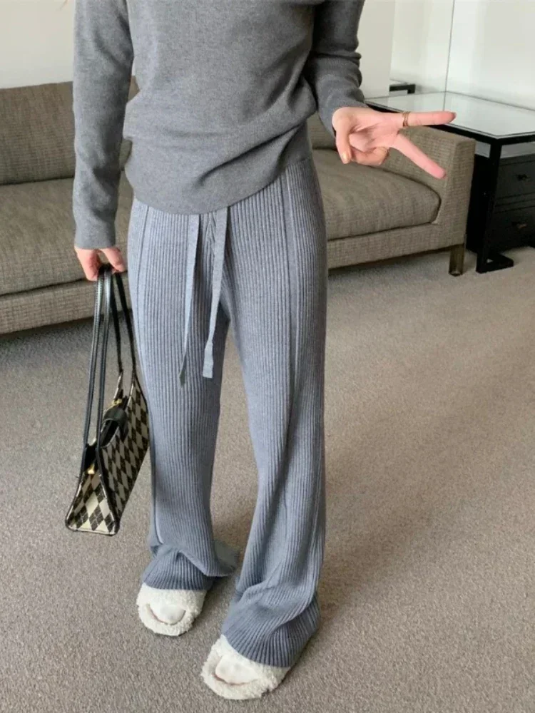 Dames gebreide uitlopende broek Casual dikke warme witte kasjmier effen losse broek voor herfst-wintermode