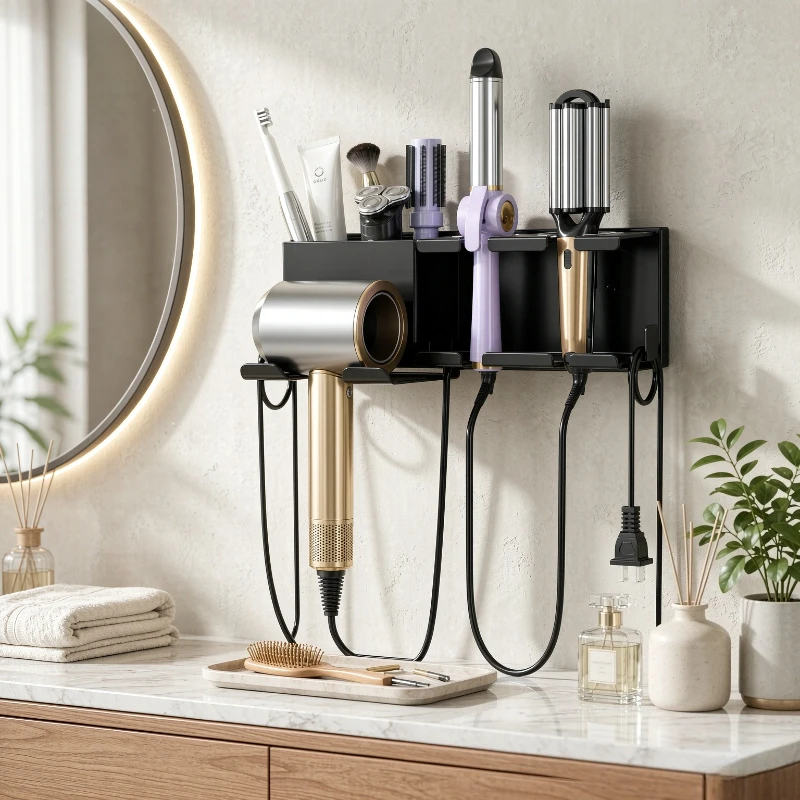 No Drill Hair Dryer Holder Bathroom Wall Mount Strong Load Support Moisture Resistant Rust Resistant Storage Rack 욕실 거치대