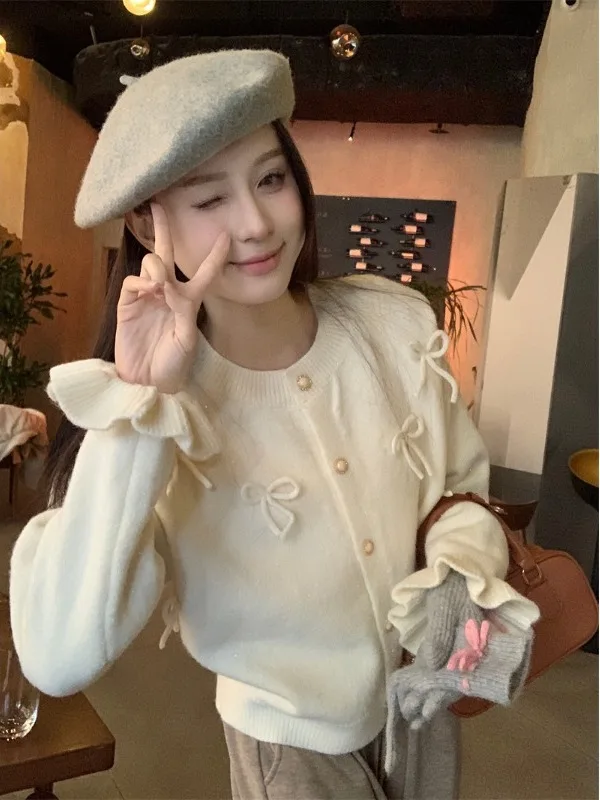 Autunno Inverno Nuovo Sle Bianco 3D Nodo rotondo Ne Sciolto Lungo Sve Cardigan aperto lavorato a maglia Top delicato da donna