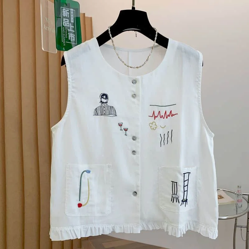 

Embroidery Tank Tops O-neck Loose Casual Korean Style Single-breasted Sleeveless Shirts Ruffle Design Summer Tops Women Clothing