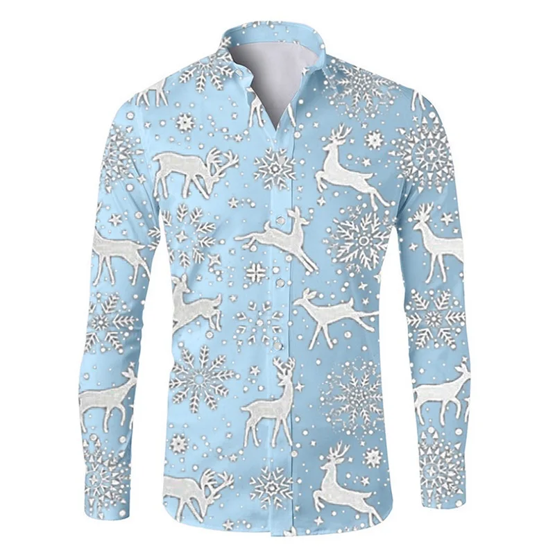 All Over Print Christmas Snowflake Men's Shirts Casual Single-Breasted Long Sleeve Blouses Shirts Streetwear Mens Lapel Tops