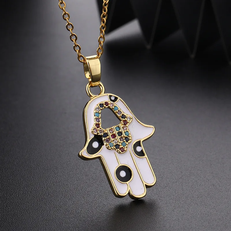 

Necklace Women's Gold Plated Colorful Crystal Zircon Enamel Fatima Hand Pendant Vintage Fashion Jewelry Couple Gift