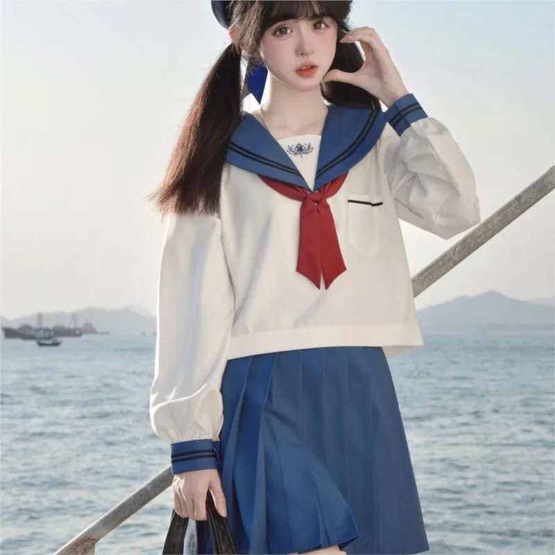 Blau jk Uniform Matrosen anzug Mädchen lange Ärmel College-Stil Uniform Anzug Frauen Cosplay Kostüme kurze Falten röcke Sets