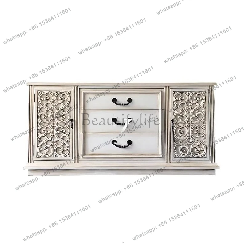 

French retro living room wall dining side cabinet American solid wood carving flower chest