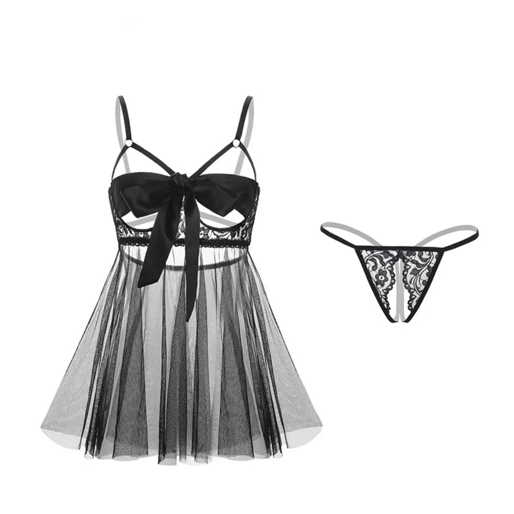 مريحة Bowknot الدانتيل ثوب النوم جوفاء النساء الملابس الداخلية بروتيل ملابس نوم شفافة الحلو شبكة فستان النوم الهدايا