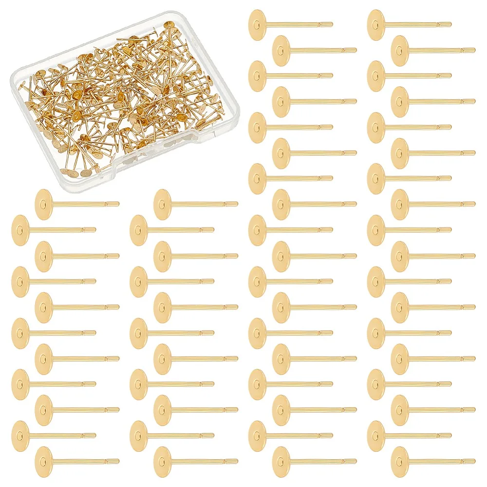 

200Pcs 304 Stainless Steel Stud Earring Findings Flat Round Real 24K Gold Plated 4x0.3mm Pin: 0.7mm
