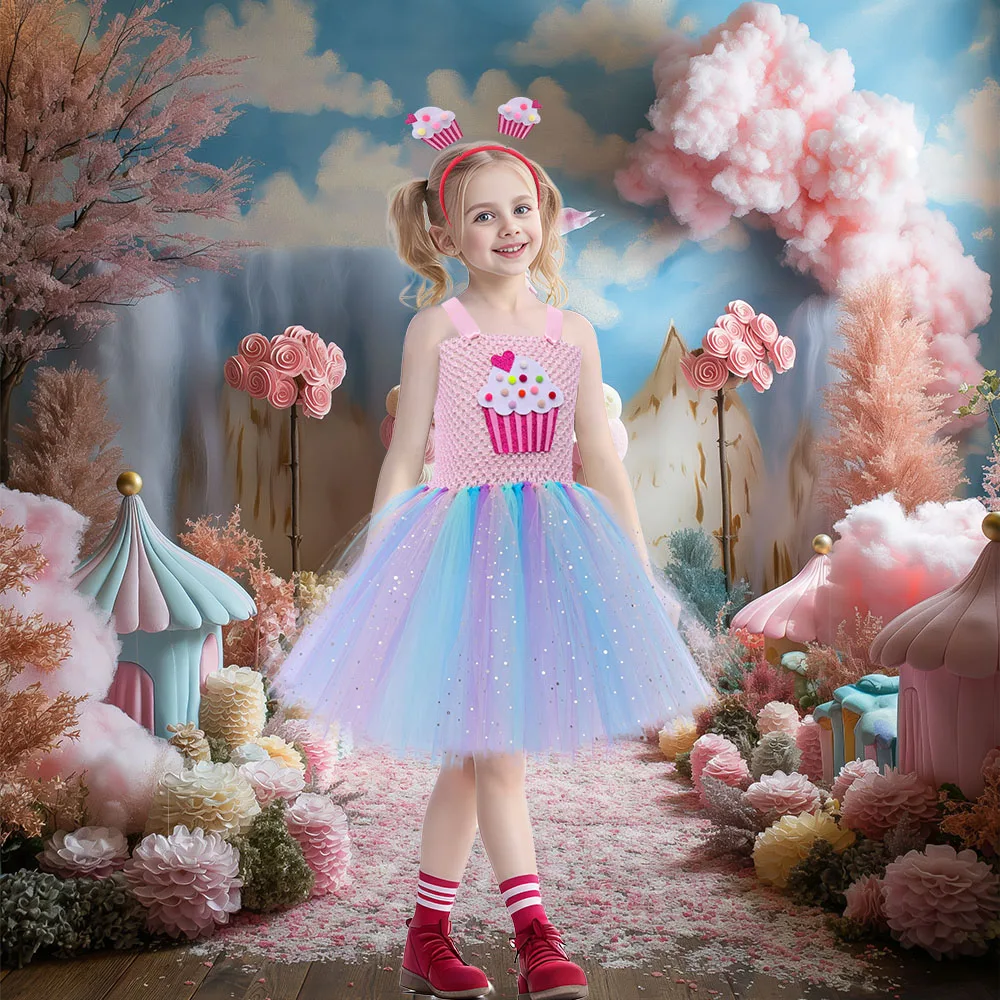 Pastel Rainbow Girls Cupcake Costume Sweet Candyland Girl Tutu Dress with Headband Baby Birthday Outfit Princess Ball Gown