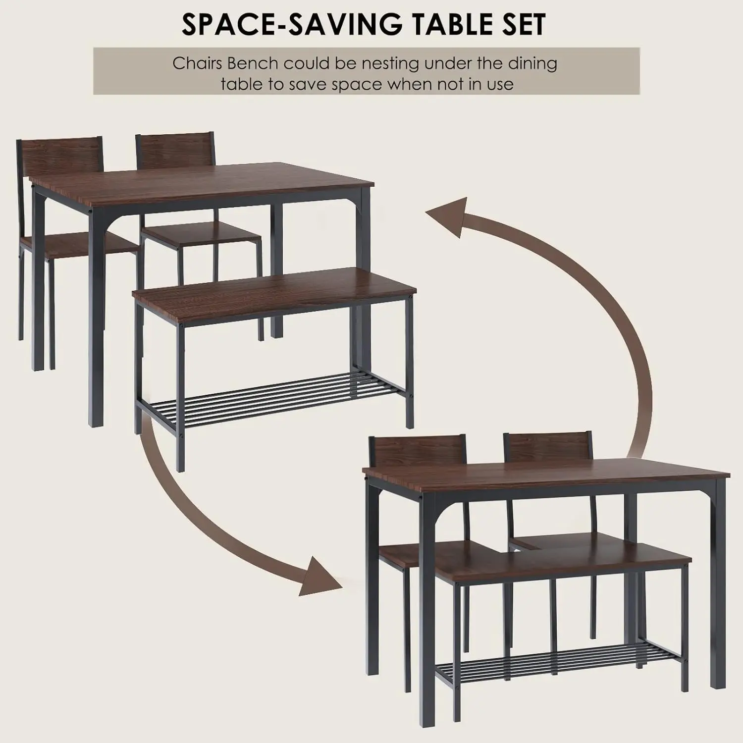 SogesHome 4 Piece Kitchen Dining Table Set for 4, Kitchen Table Bench Chairs Setfor 4, Space-Saving Table Set for Restaurant