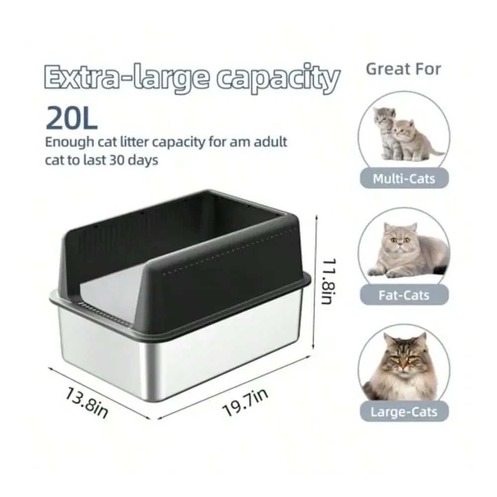 

Кошачий туалет-лоток из стали с крышкой, XL, 19.7 Д x 13.8 Ш x 11.8 В, глубокий, большой, металлический, для кошек