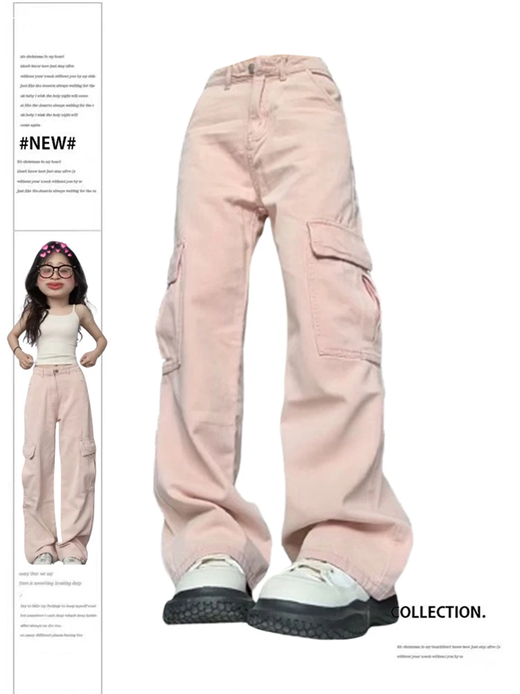 

Women's Pink Baggy Cargo Pants Vintage Y2k Harajuku 90s Aesthetic Pockets Pants Oversize High Waist Wide Trousers 2000s Clothes