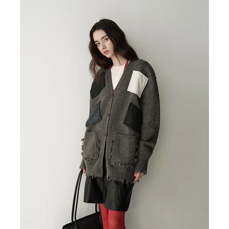BJTZ 여성용 디스트레스드 아트 패치 울 가디건 가을 겨울 니트 오픈 프론트 재킷 긴 소매 루즈핏 프리미엄 아우터웨어