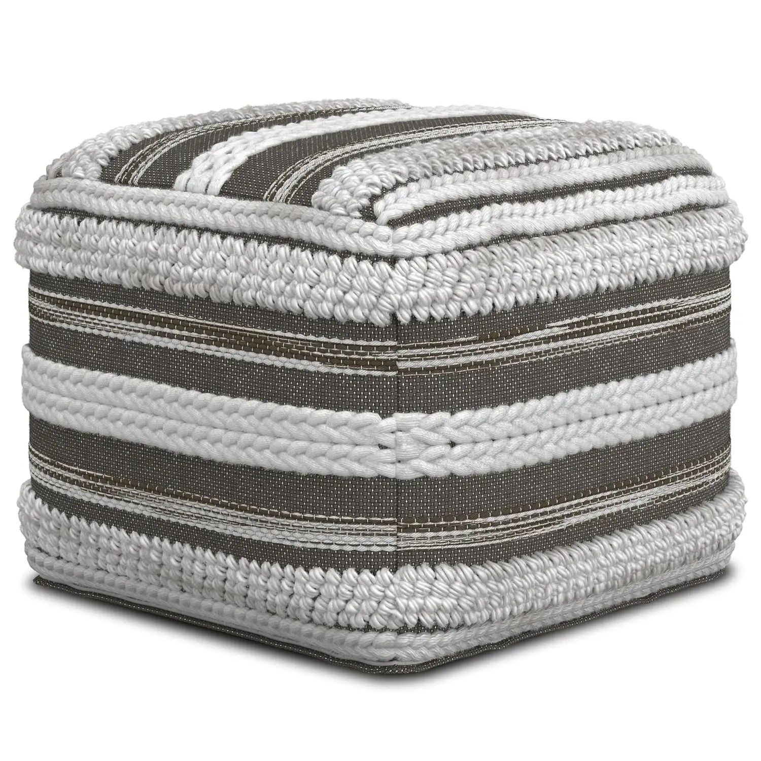 Boho Square Pouf in Natural/Taupe Grey Handloom Woven Pattern for the Living Room, Bedroom and Kids Room, Customized
