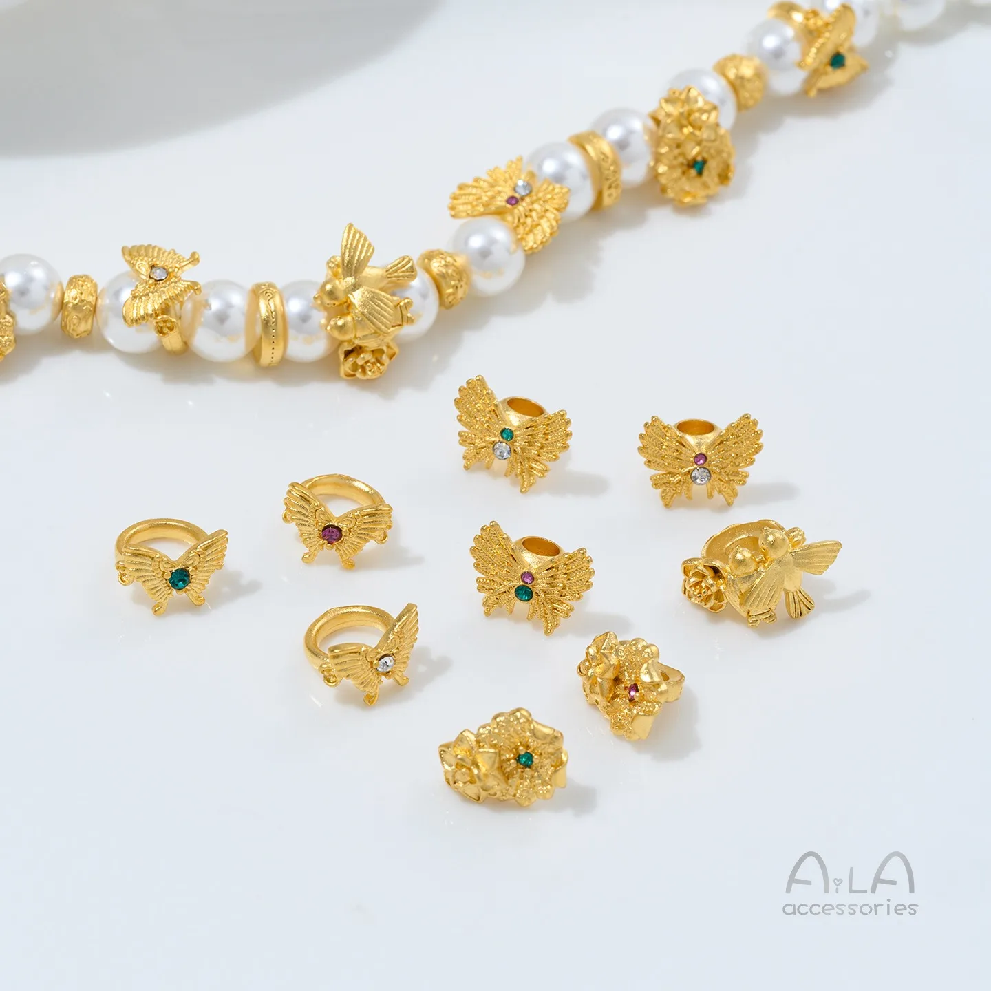 Copper Plated 24K Gold Inlaid Zircon Butterfly Flower Bird Bead Spacer Handmade DIY String Pearl Jewelry Sand Gold Accessories