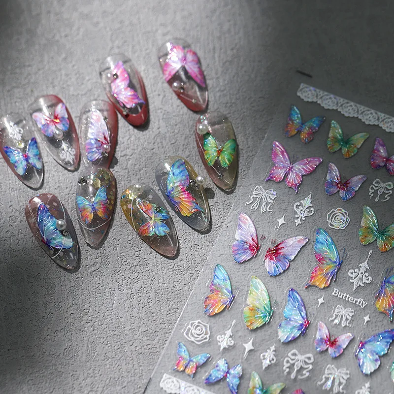 Beautiful Laser Colorful Dreamy Butterfly Figure Adhesive Nail Art Stickers Slider Manicure Parts Supplies Decorations 5D Relief