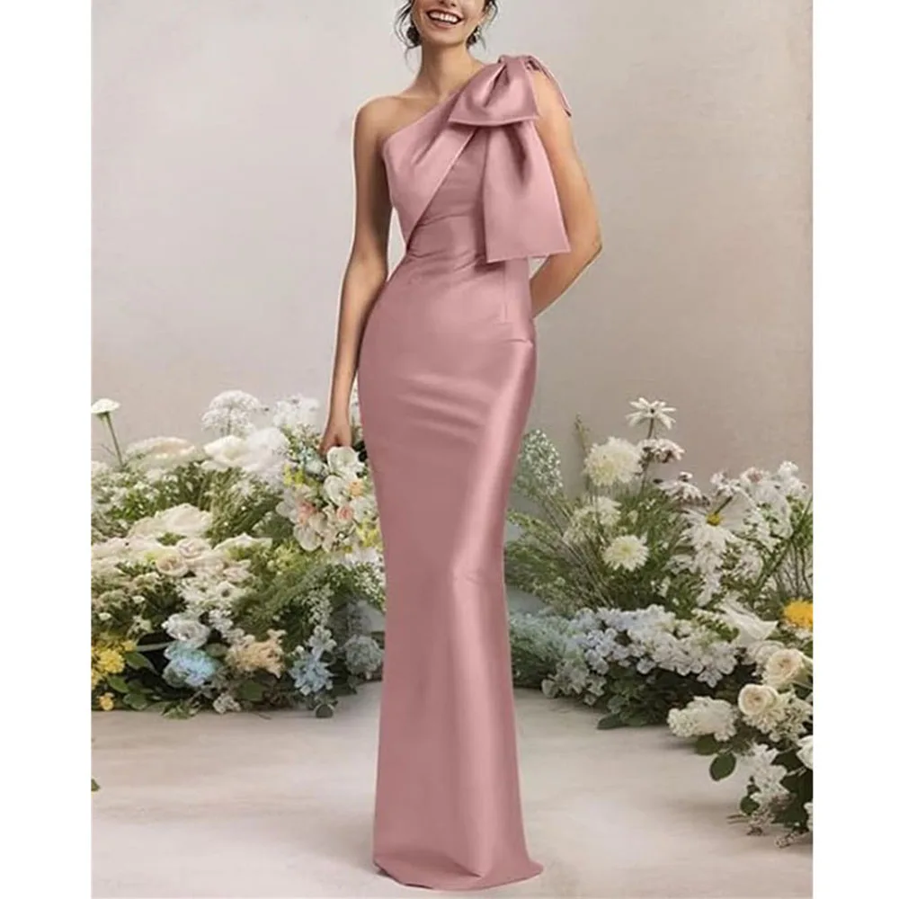 Classy Pink Women Bridesmaid Dresses Floor Length Slim Fit One Shoulder Bow Sleeveless Simple Female Banquet Prom Party Gowns