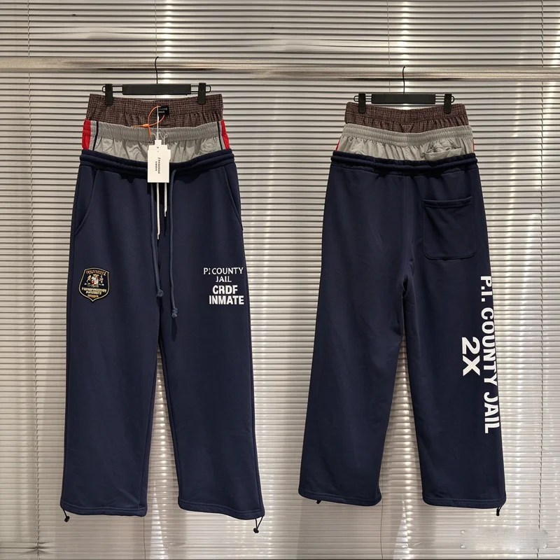 Fake Three Waist Design PROTOCOL INDEX Embroidery Badge Label Straight Loose Pants Men Women High Quality Drawstring Sweatpants