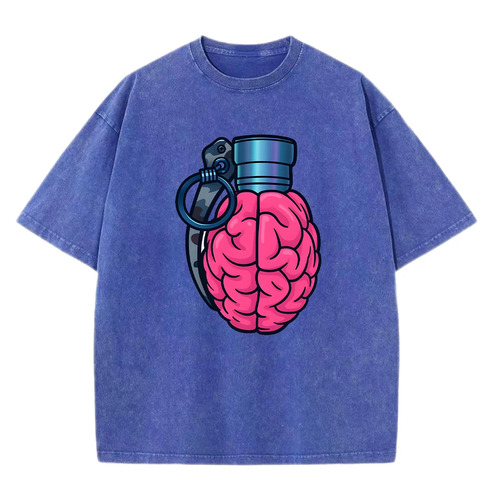 

Brain Grenade Fun Print Men Washed T-Shirts Cotton Casual Clothing Streetwear Trendy Loose Soft Crewneck Top Sports T Shirt