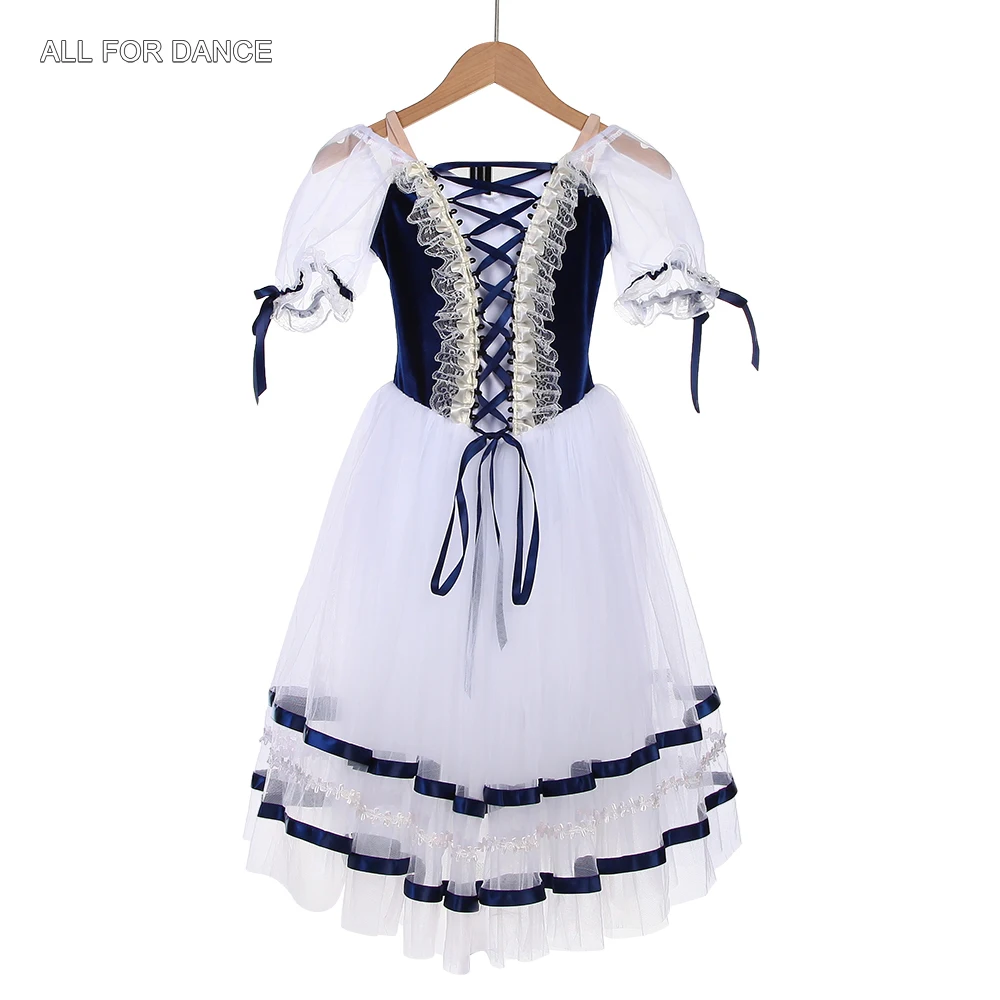 

22040 Puff Sleeves Dark Blue Velvet Top Bodice with Long Romantic Ballet Tutu Skirt for Girls&Women Stage Performance Dance Wear