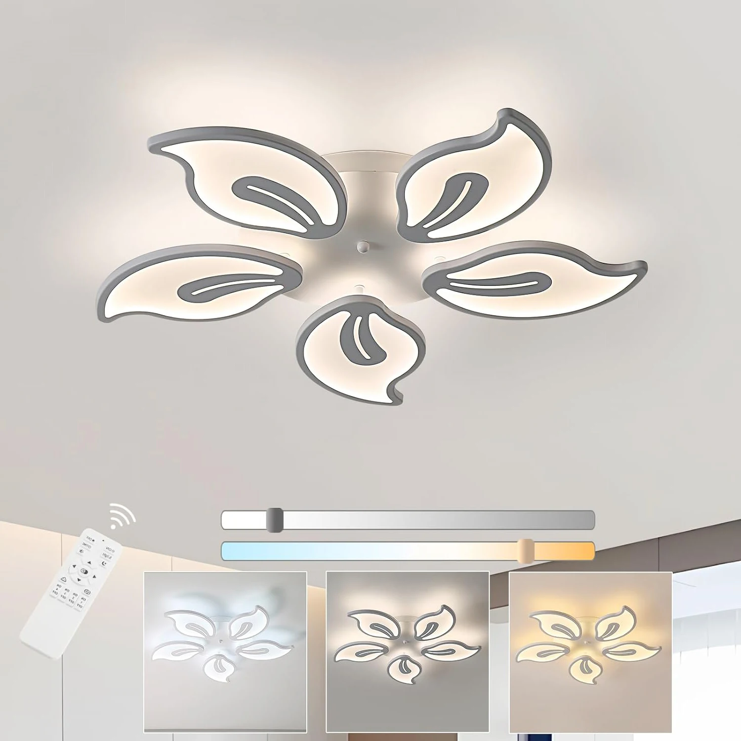 Lampada da soffitto moderna dimmerabile, plafoniera a LED a 5 teste con telecomando, faretti da soffitto interni a LED in acrilico con fiori bianchi