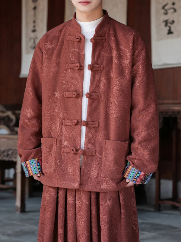 

New Chinese Sle Thiened Orlon Men's Jaet Autumn Winter Loose Dragon Pattern Embroidery Casual Outerwear Coat