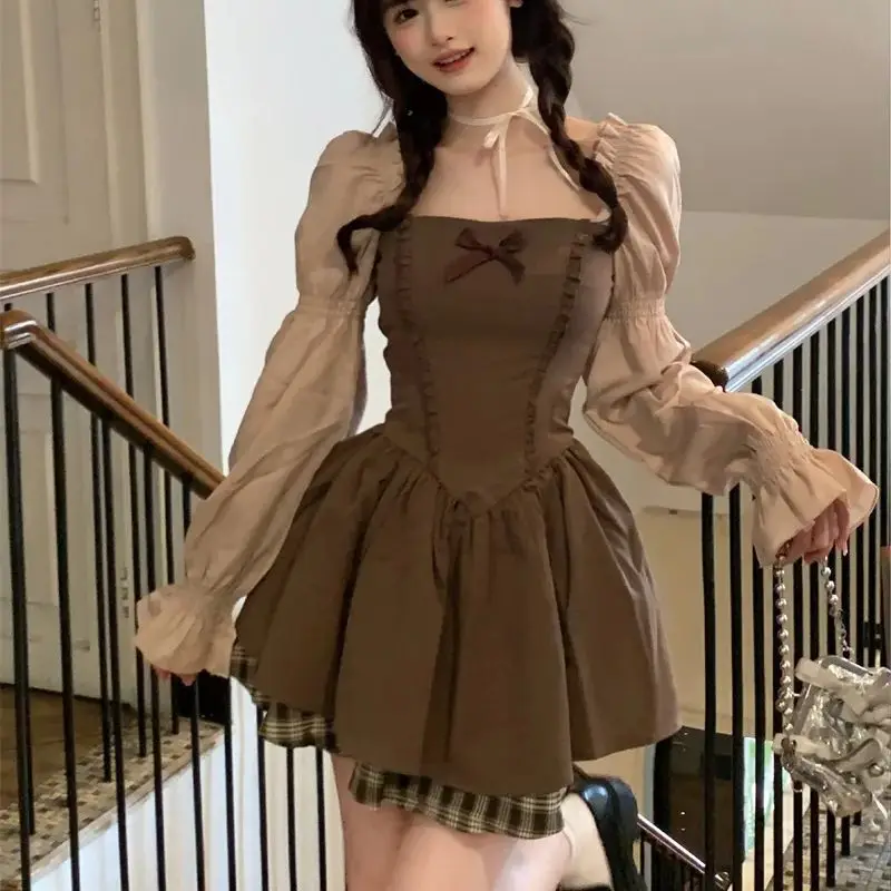 2024 Spring and Autumn New Loose Korean Edition Versatile Brown Bubble Long sleeved Sweet Waist Slimming Dress for Commuting WLF