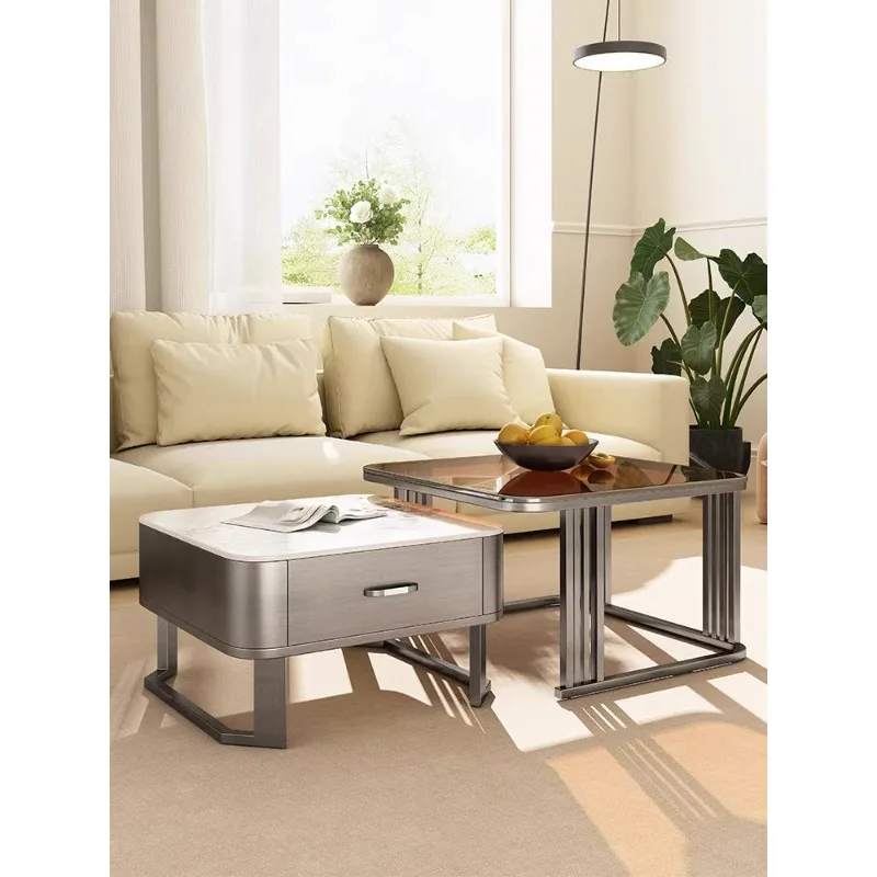 Light Luxury Glass Rock Plate Stainless Steel Tea Table Living Room Household Small Unit Modern Simple and Scalable