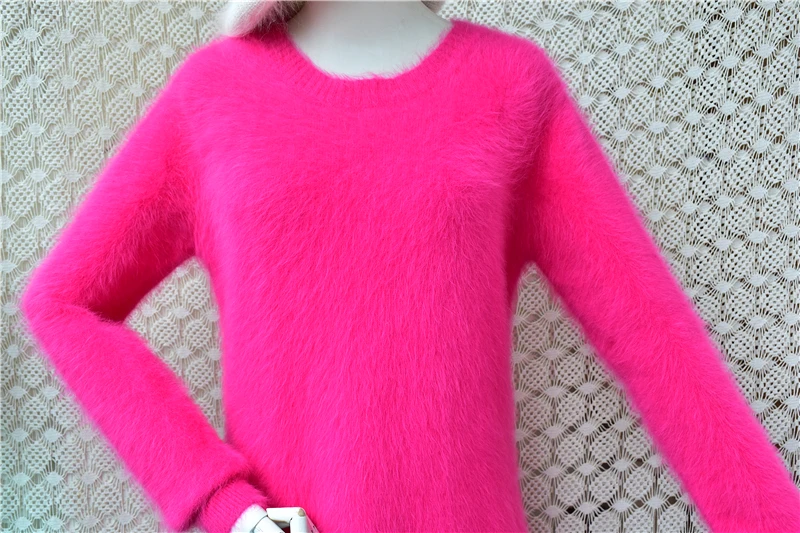 Pull Rose Ladies Women Fashion Mink Cashmere Knitted Beading Long Sleeves O-Neck A-Style Loose Pullover Sweater Jumper Dress Top