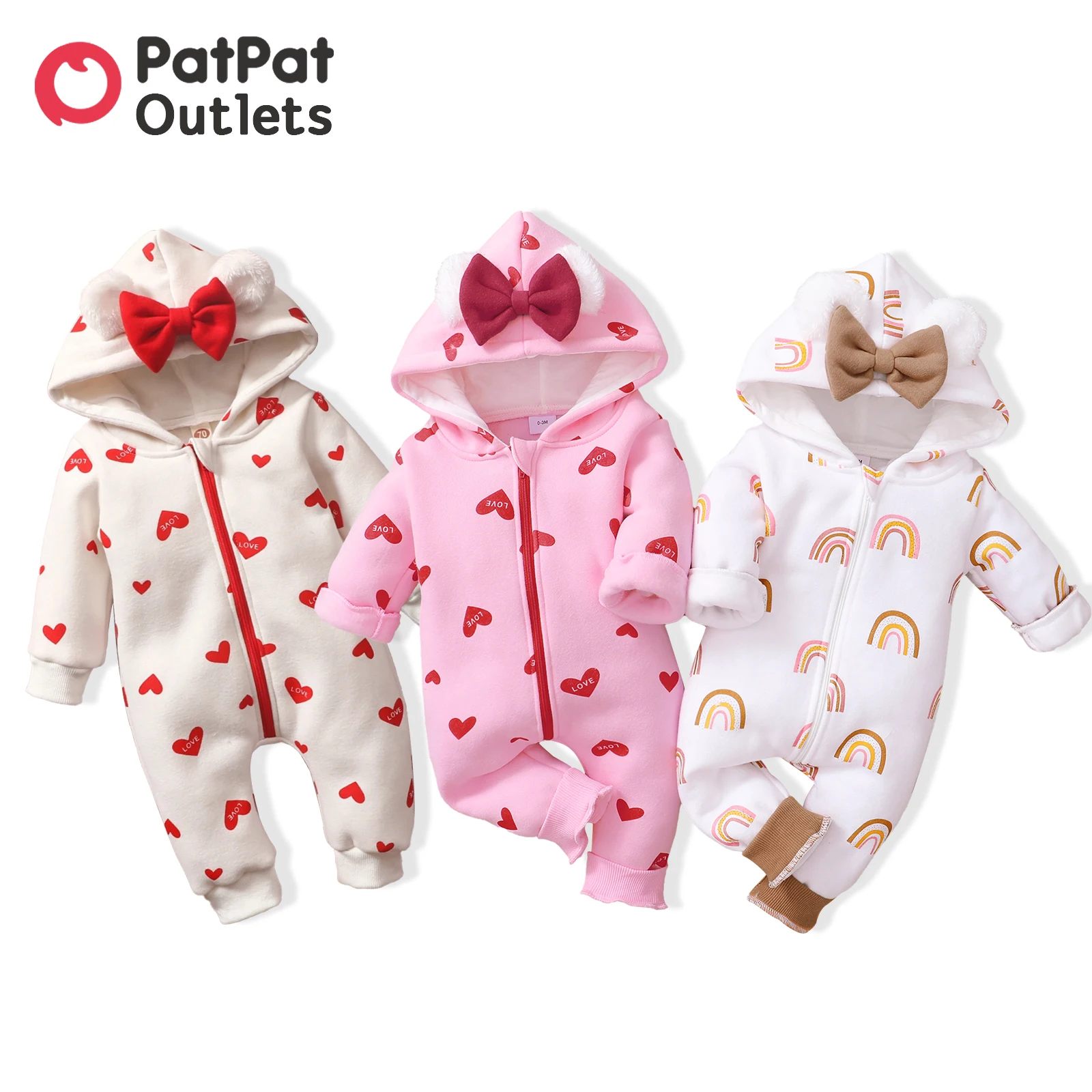 PatPat 95% Cotton Infant Newborn Romper Baby Girl Clothes Casual Long-sleeve Cute Bowknot Heart Ear-up Jumpsuit Headband Set