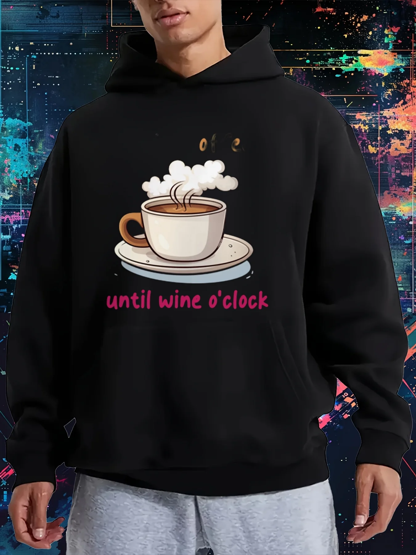 Men's Fun Coffee and Wine Pattern Hoodie - I Drink Coffee Until Wine Time Sweatshirt, Featuring Coffee Cup and Wine Design, Front Print, Casual Pullover for Spring, Autumn, and Winter, Comfortable Casual Clothing, Suitable for Coffee Lovers (with Pink Lettering)