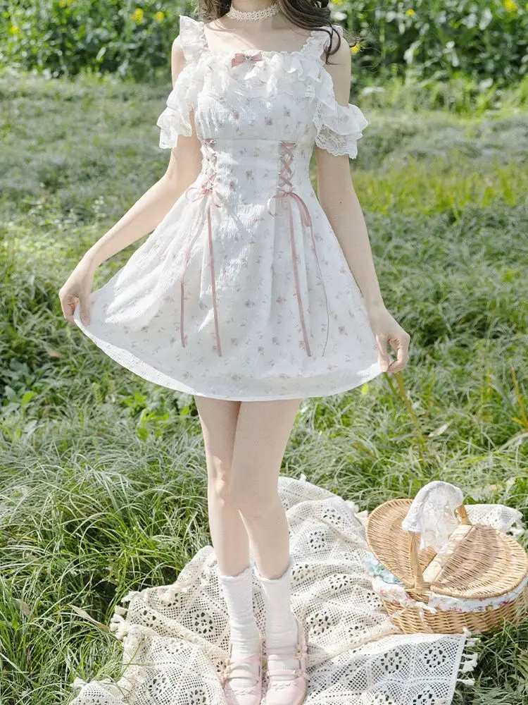 فستان ياباني حلو مكشوف الكتفين مزين بالزهور فستان نسائي موضة جديدة Kawaii Harajuku لوليتا فساتين جمالية جميلة ملابس خرافية