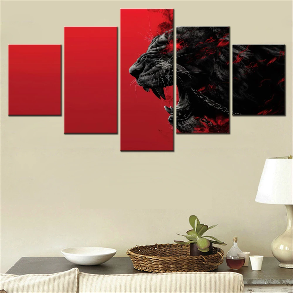 

5 Pieces Canvas Wall Art Poster Painting Animals Lion Red Aesthetic Wallpaper Picture Printing Home Decoration For Living Room