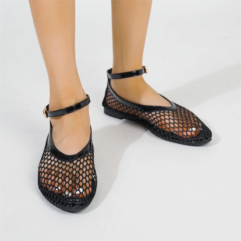 Hollow Out Mesh Mary Jane Shoes sandali estivi stringati da donna punta tonda Shallow Flat Ballet Single Shoes sandali Casual da donna