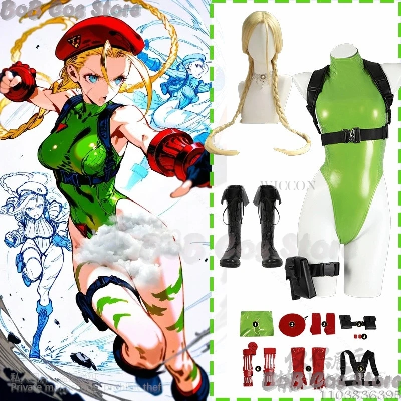 

Боевая игра SF Косплей Cammy Белая одежда Сексуальный зеленый комбинезон Кожаный костюм Бикини Шляпа Парик Обувь Jirai Kei Карнавал по индивидуальному заказу