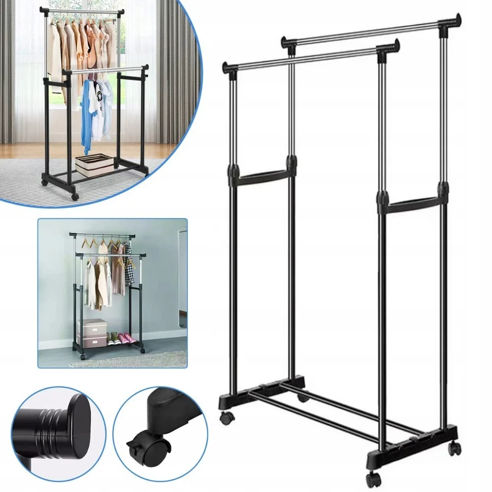Porte-vêtements réglable sur roulettes, double étagère de rangement, support mobile pour vêtements, pour chambre, buanderie, placard et magasin de détail