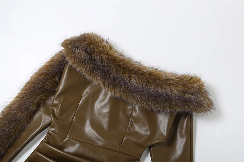 Women's Dresses One-Shoulder Pu Leather Bodycon Mini Dress with Faux Fur Trim Sleeve Elegant Party Evening Outfit