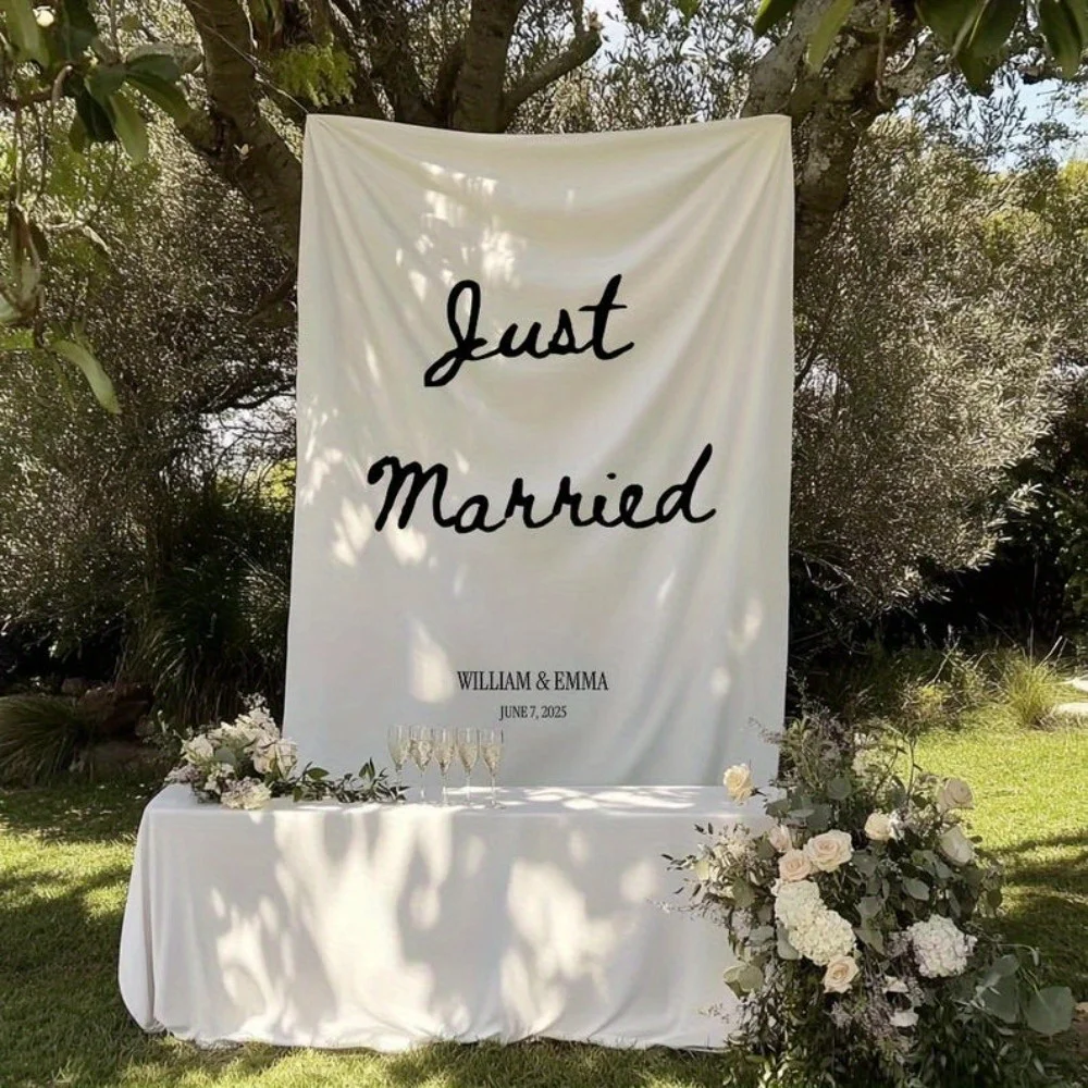 Custom Wedding Banner - Custom Image Design, Durable Material, Easy to Hang, Just Married Sign, Fabric Wedding Backdrop view 4