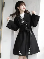 Autumn Winter Lolita Coat Vintage Chinese Style Outwear Retro Embroidery Laced Mid-length Tweed Coat Woman Elegant Flower Jacket