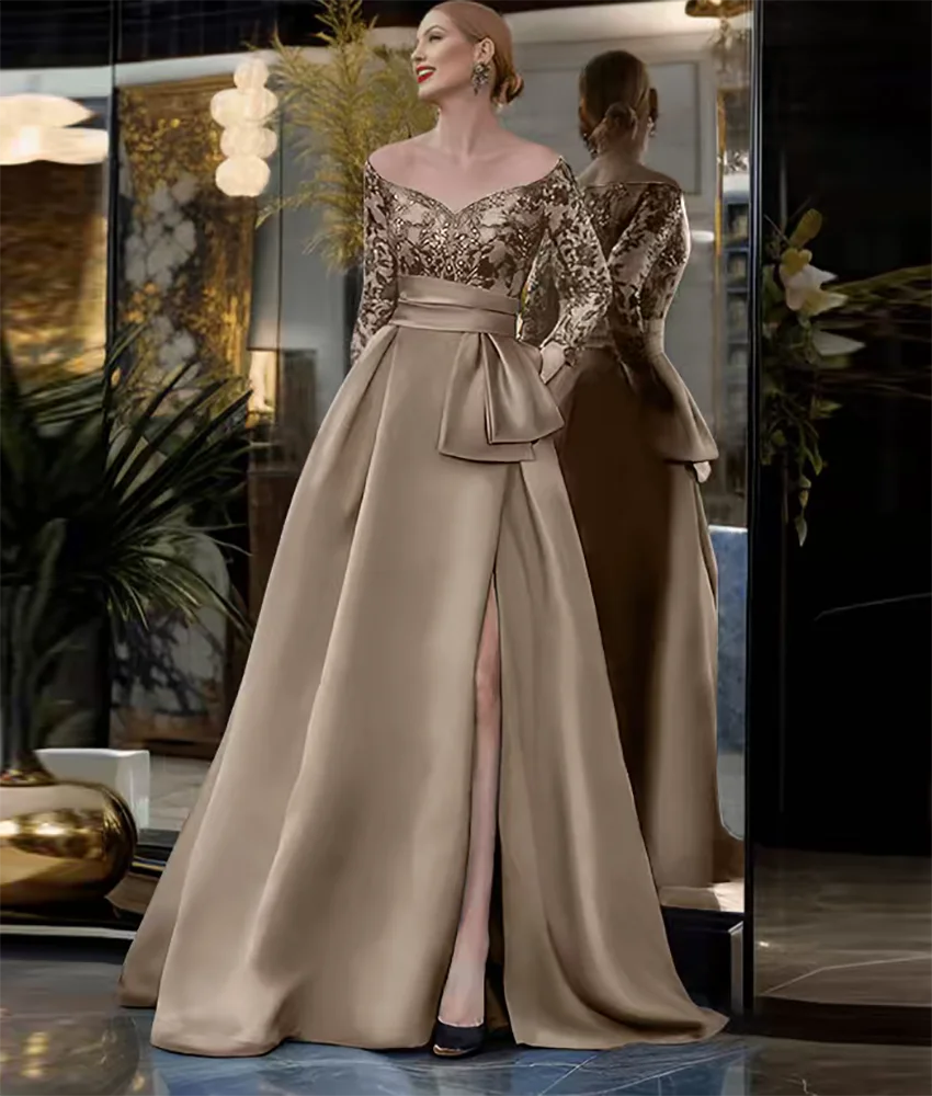 

Customized Exquisite Satin A-Line Off the Shoulder Sequined Tiered Evening Dress High Quality Long Sleeves Celebrity Gowns
