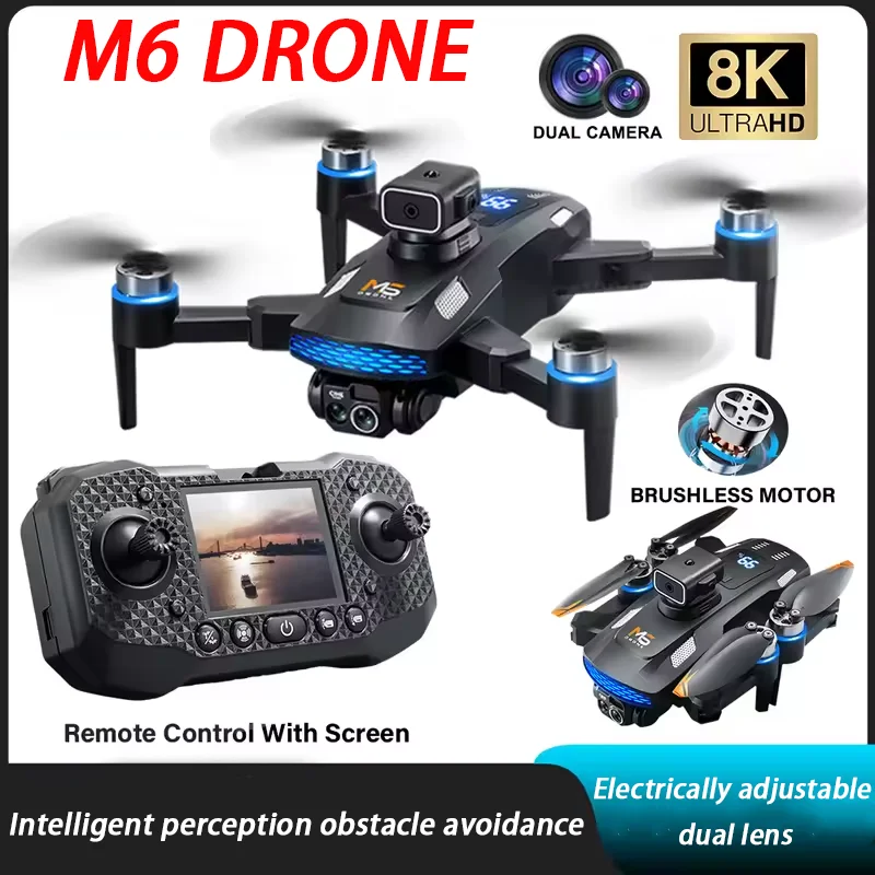 M6 Drone With Screen Remote 8K HD Dual Camera Brushless Aerial Photography Optical Flow Obstacle Avoidance Folding RC Dron Toys