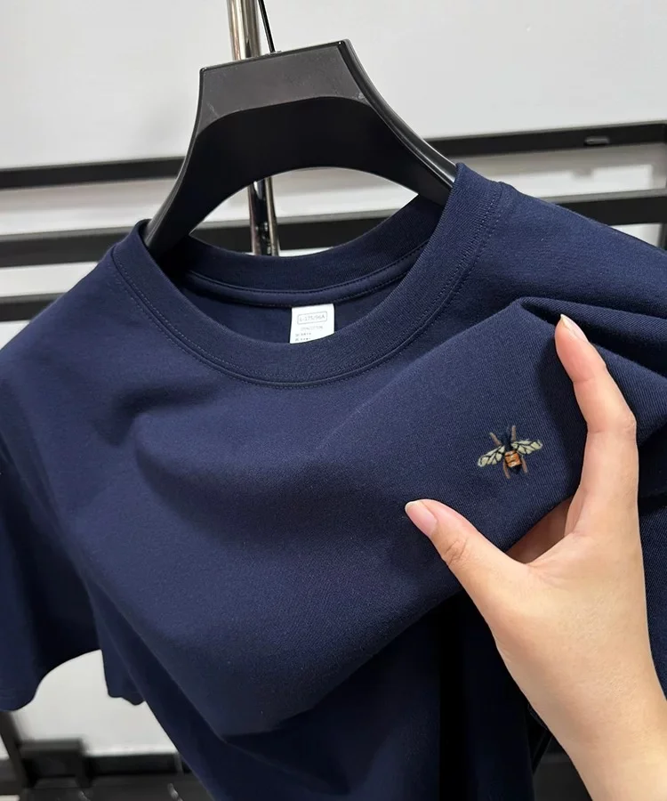 Fashion brand bee embroidery short sleeve T-shirt summer 100% cotton breathable round neck top Korean loose casual men's wear image 3