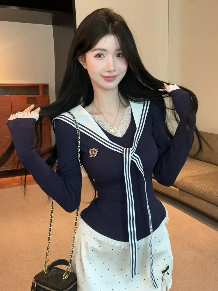 

Sweet College Style Navy Collar Slim Fit Top And Polka Dot Half Skirt Set with Lace Hemming Flattering for Younger Look