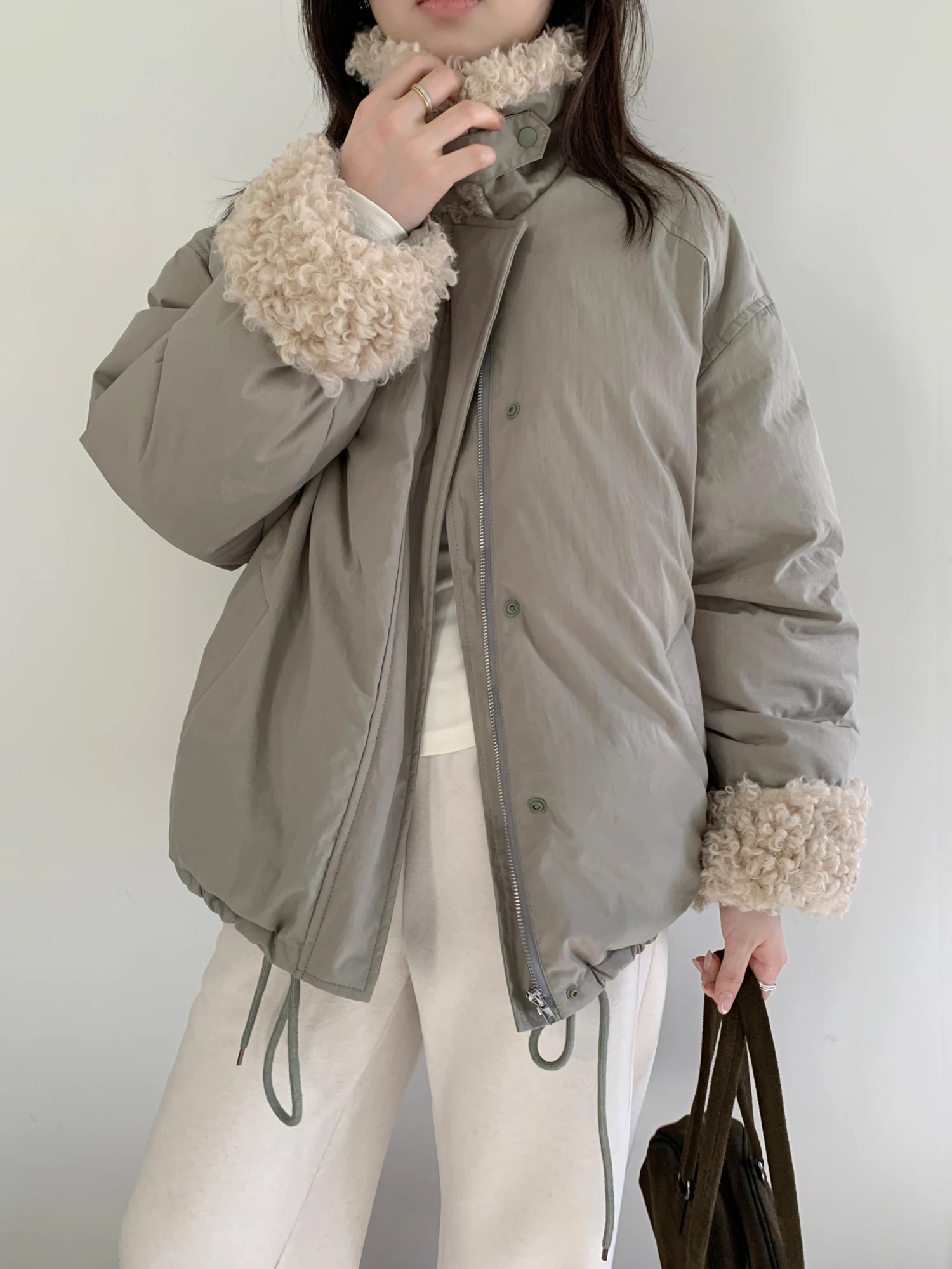 3 couleurs SML coréen automne et hiver 2026 mode ample col montant fourrure épaisse veste décontracté chaud manteau veste femme (XY1463)