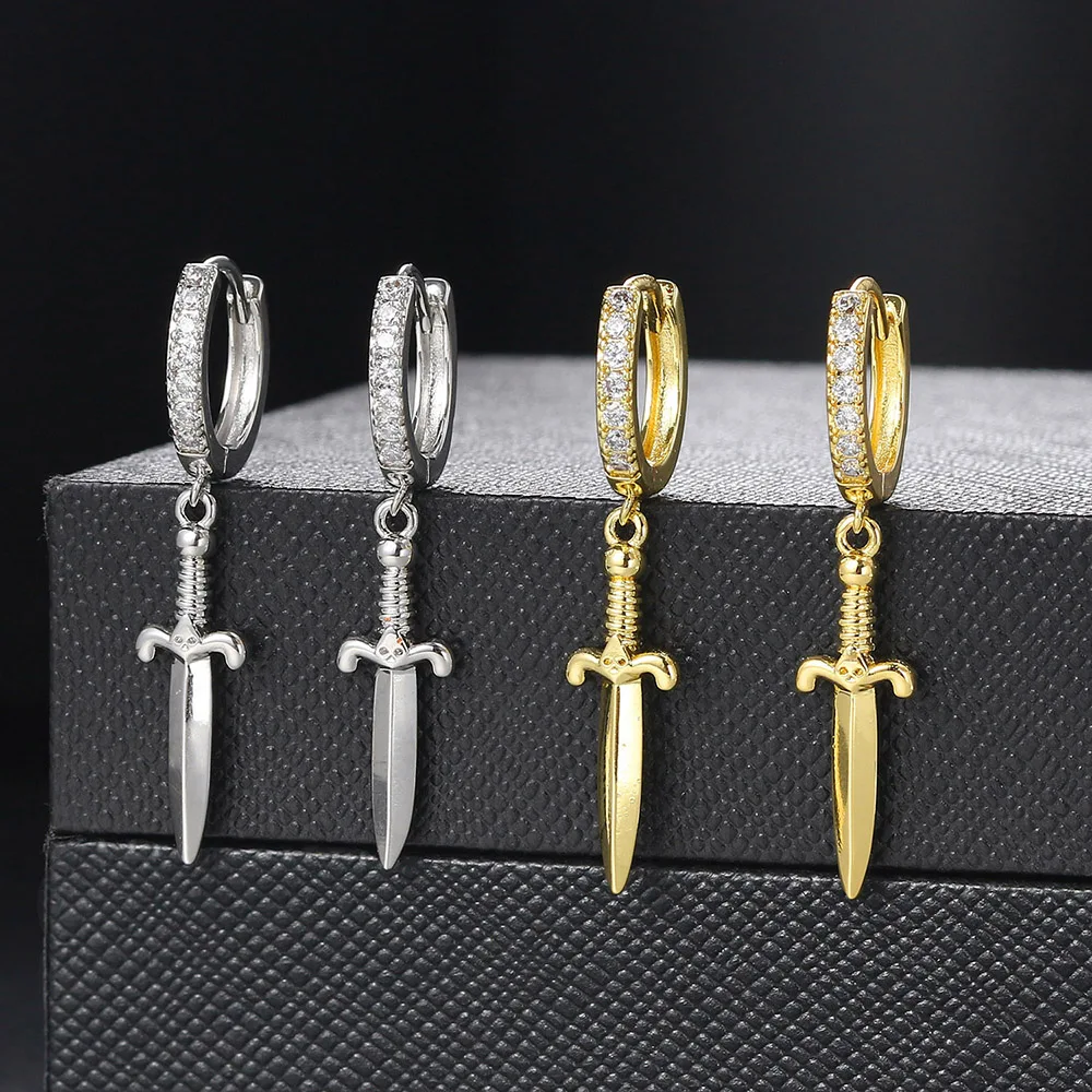 Sword Pendant Hoop Earrings for Women Punk Men Accessories Gold Color Crystal CZ Cartilage Dangle Ear Jewelry Wholesale KBE232