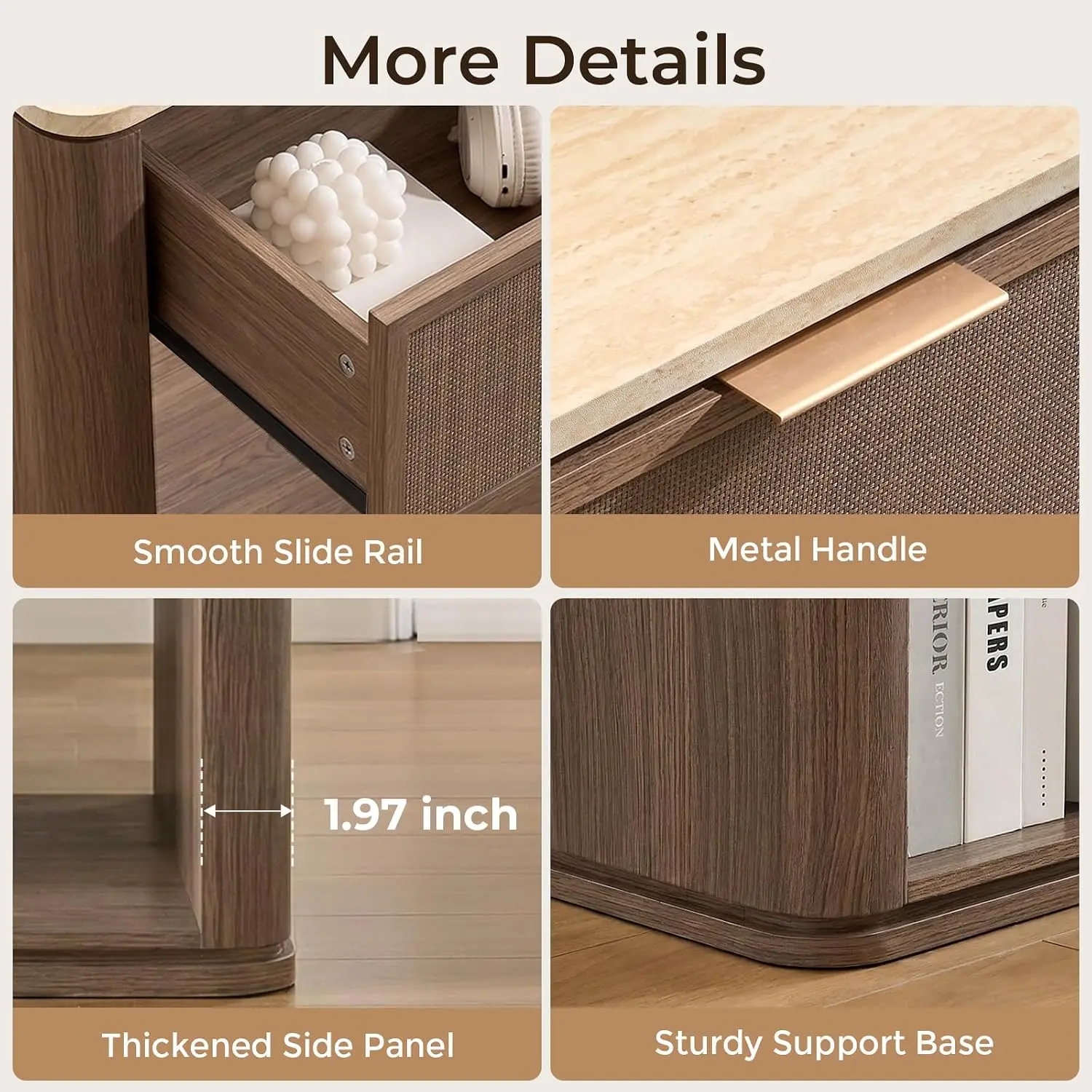 Rattan Nightstand Set of 2 with Drawer & Open Shelf, 23.11