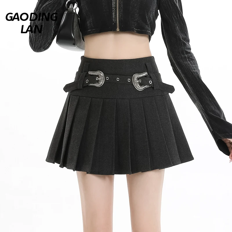 American High Waist Solid Versatile Women Skirts Hottie A Line Slim Pleated Skirt High Quality with Belt Lady Mini Skirt Korean