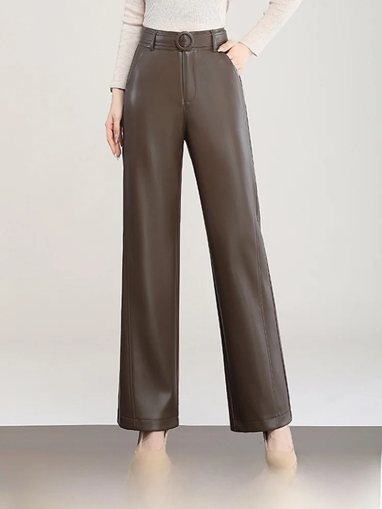 

Ning Genuine Leather Pants Women's High Waist Straight Leg Thiened Autumn Winter plus Size Slimming Wide Leg Pants