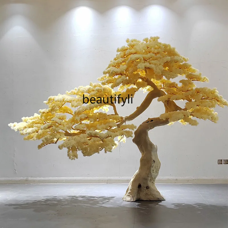 

New Chinese Artificial Yellow Welcome Pine Large Old Root Carving Solid Wood Hotel Ornaments Landscape