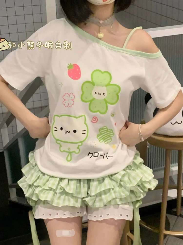 Japanese Kawaii Off Shoulder Tops+Plaid Skirt Set Women Cute Clover Print Tee and Lace Trim Mini Skirt Soft Girl Summer Outfit image 2