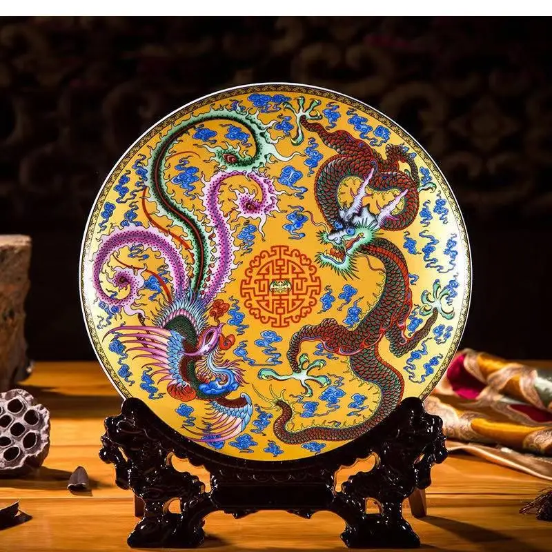 

Jingdezhen Ceramic Decorative Plate Jiulongfeng Decorative Wooden Base Chinese Traditional Plate Set Wedding Gift 26cm